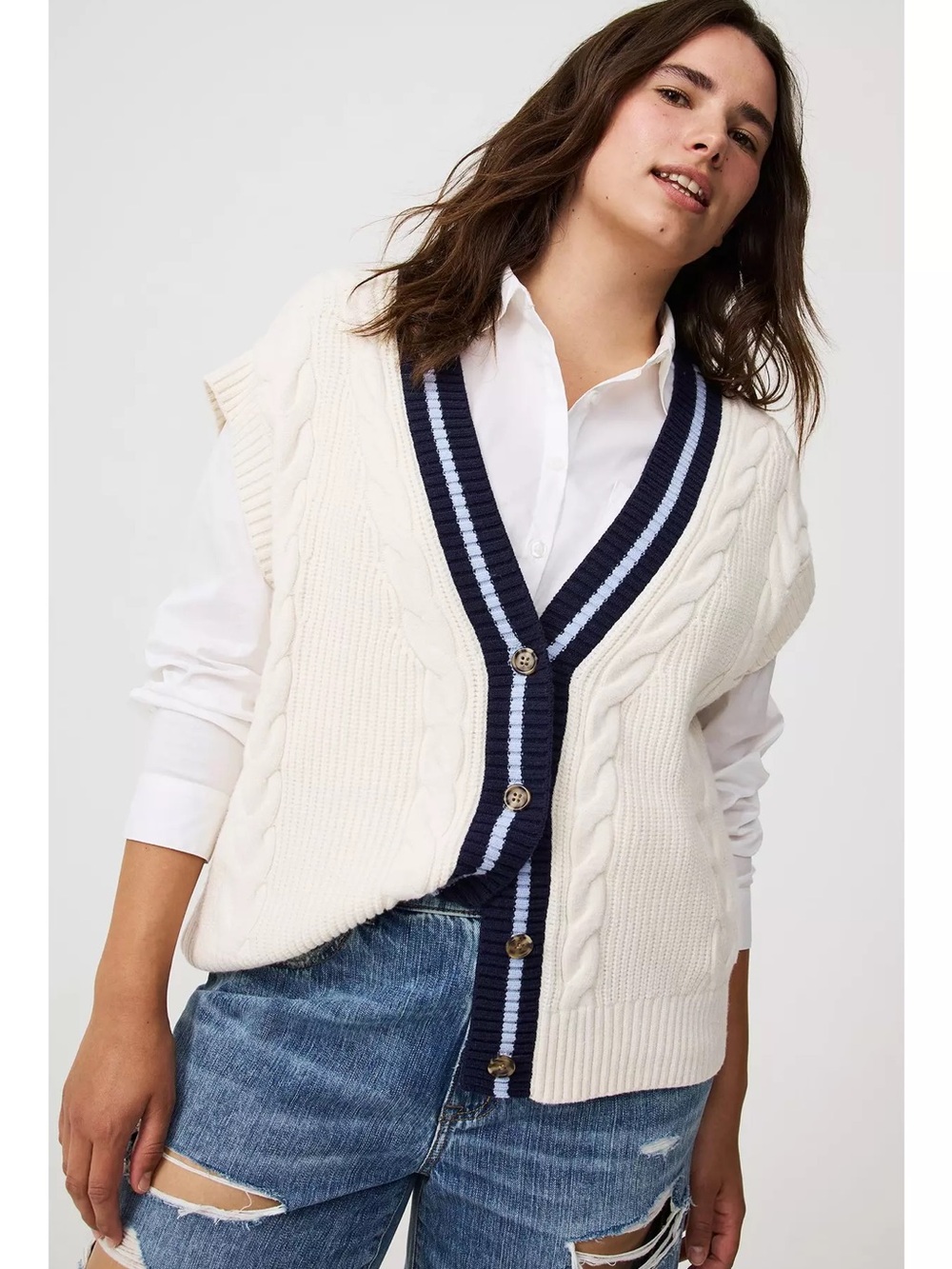 Torrid Cream Cable Knit Button Front Sweater Vest Navy Striped Trim Plus Size 1X